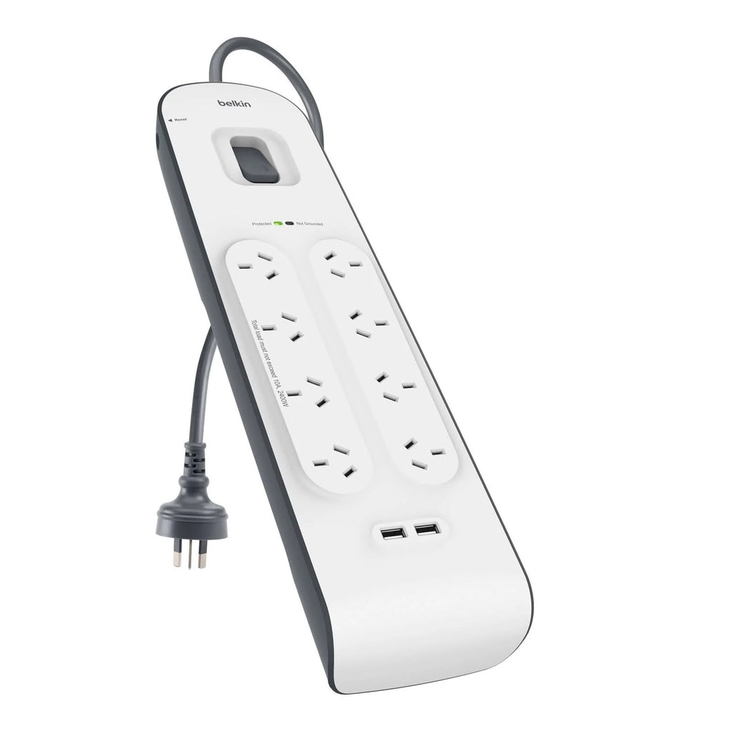 Belkin SurgePlus 8-Outlet 2-Meter Surge Protection Strip With Two (2.4) Amp USB Charging Ports - (BSV804au2M), CEW $20,000, 2 Years Warranty