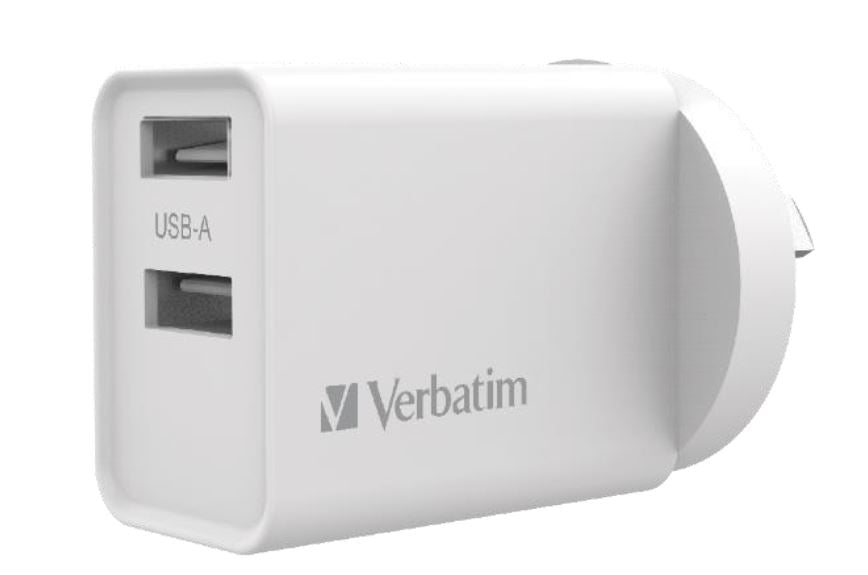 Verbatim USB Charger Dual Port 2.4A each Total 5v 3.4A White Wall Charger, Rohs, CE, Apple, Android, tablet, Handheld. OC, OV, SS, OT, Fire Resistant.