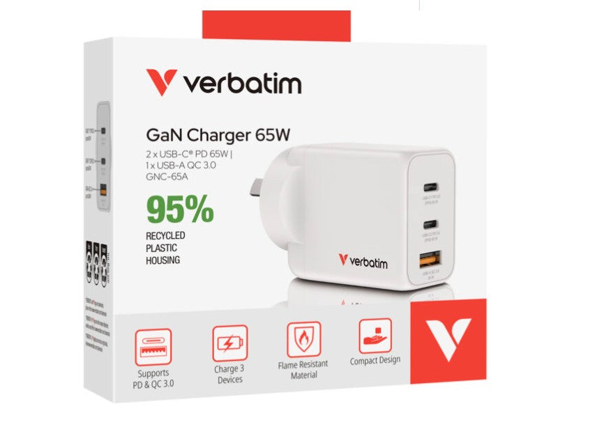 Verbatim 3 Port 65 Watt Portable GaN charger, 2 x USB-C PD 65w, 1x USB-A QC 3.0, GNC-65A Compact Design Apple, Android, Samsung, Google, Huawei, Oppo,