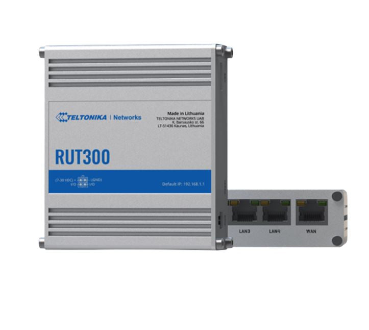 Teltonika RUT300 - Rugged industrial fast Ethernet router, 5 Ethernet ports, 2 configurable digital Inputs/Outputs, and 1 USB port.