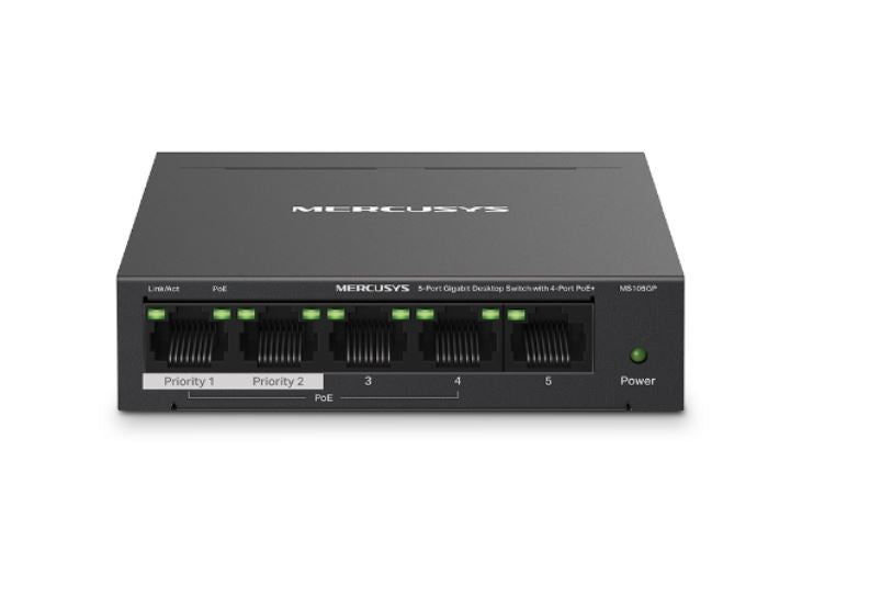 Mercusys MS105GP 5-Port Gigabit Desktop Switch with 4-Port PoE+, 10/100/1000 Mbps RJ45 ports, Up to 250 m