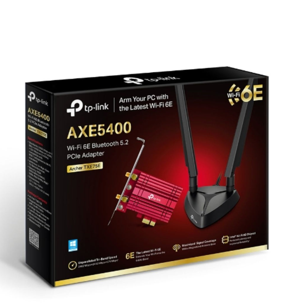 TP-Link Archer TXE75E AXE5400 Wi-Fi 6E Bluetooth 5.2 PCIe Adapter.2402 Mbps @ 6GH,2402 Mbps @ 5 GHz.574 Mbps @2.4 GHz