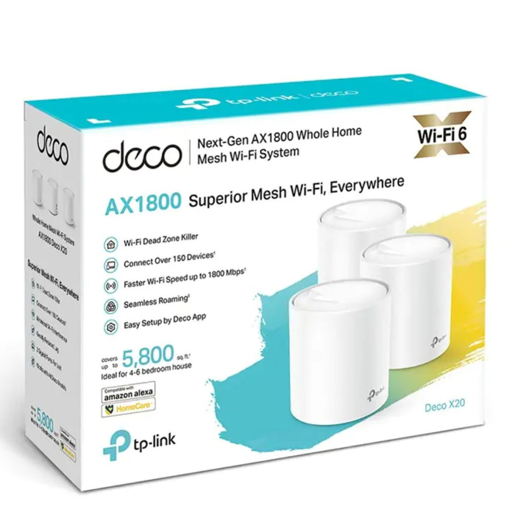 TP-Link Deco X20(3-pack) AX1800 Whole Home Mesh Wi-Fi System, Up To 530 sqm Coverage, WIFI6, 1201Mbps @ 5Ghz, 574Mbps @ 2.4 GHz OFDMA, MU-MIMO (WIFI6)