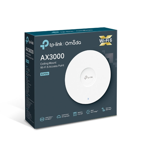 TP-Link EAP650 AX3000 Ceiling Mount WiFi 6 Access Point, 574 Mbps 2.4 GHz/2402 Mbps 5 GHz, Gigabit Ethernet (RJ-45) Port, Omada Cloud Managemen, Mesh