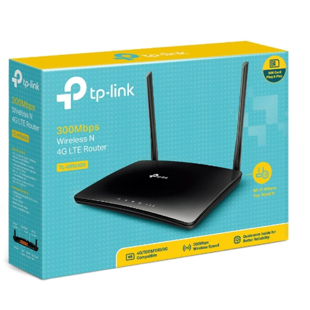 TP-Link TL-MR6400 N300 Wireless N 3G/4G LTE Router 2.4GHz (300Mbps) 802.11bgn 3x100Mbps LAN 1x 100Mbps 4G SIM Slot, Band5Band28