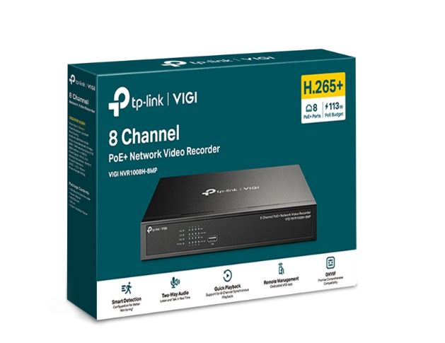 TP-Link VIGI NVR1008H-8MP 8 Channel PoE+ Network Video Recorder, 113W PoE Budget, H.265+, 4K Video Output  16MP Decoding Capacity (HDD Not Included)