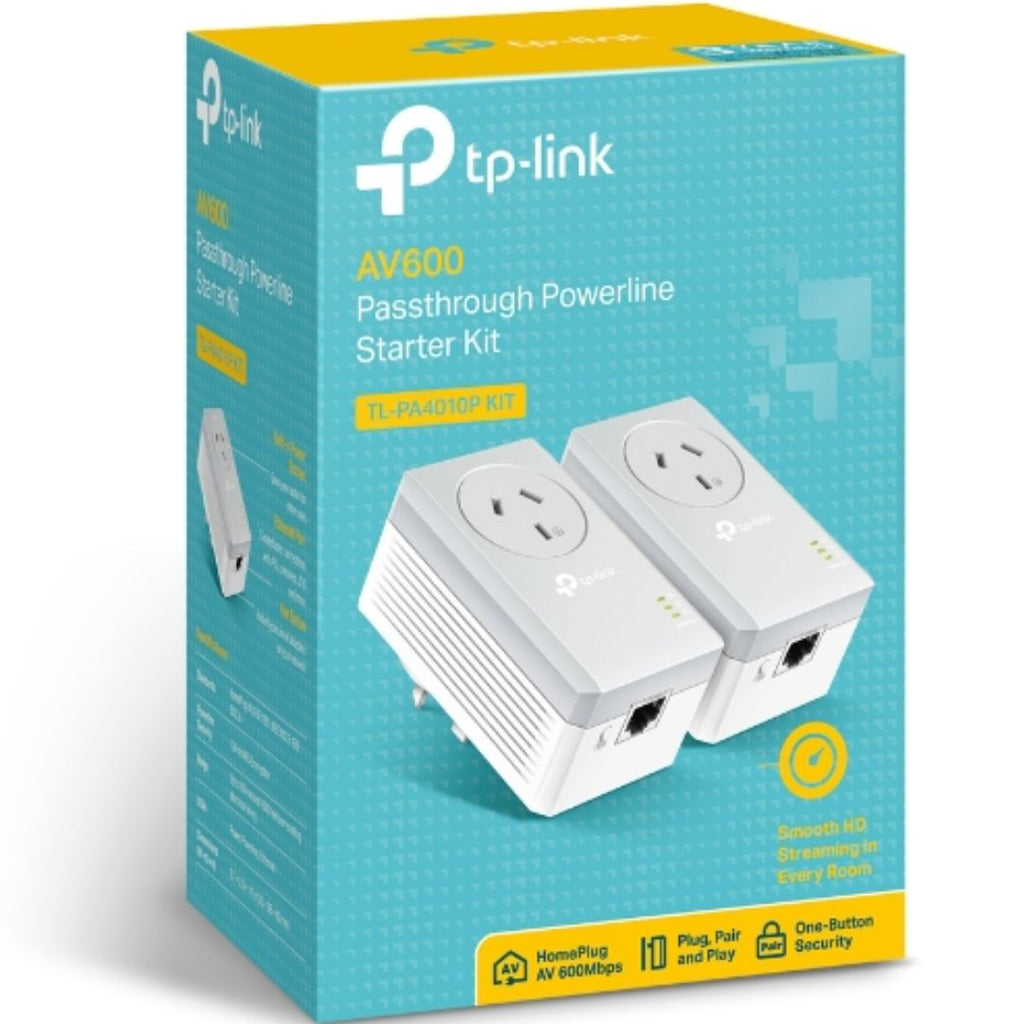 TP-Link TL-PA4010PKIT AV600 Powerline Adapter with AC Pass Through Starter Kit 600Mbps HomePlug AV 1x100Mbps LAN Power Socket 300m ~TL-PA4016P KIT