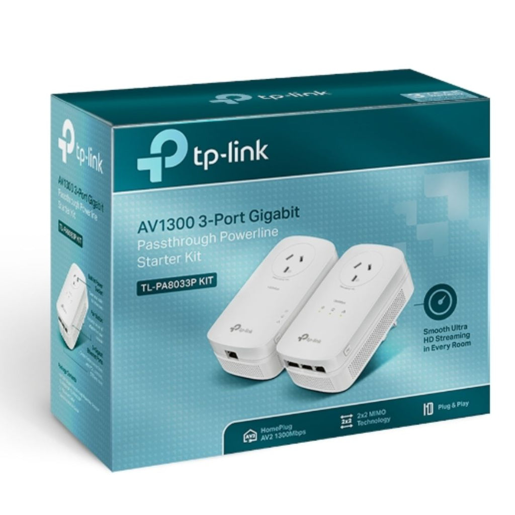 TP-Link TL-PA8033P KIT AV1300 Passthrough Powerline KIT, Qualcomm, 3 Gigabit Ports, 1300Mbps Powerline, 2*2 MIMO,  HomePlug AV2, New PLC Utility, Twin