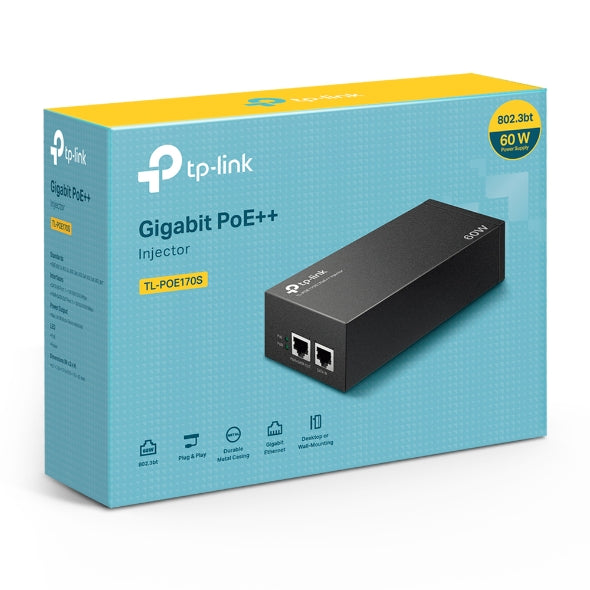 TP-Link TL-POE170S PoE++ Injector, 2 Gigabit Ports, 802.3af/at/bt, Integrated Power Supply, Wall Mountable, Plug  Play