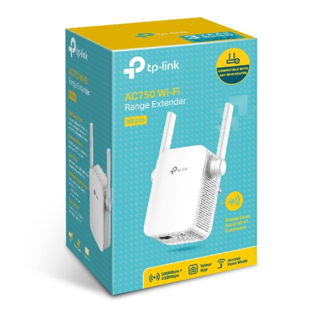 TP-Link RE205 AC750 Wi-Fi Range Extender, Dual Band: 2.4GHz @ 300Mbps, 5GHz @ 433Mbps.