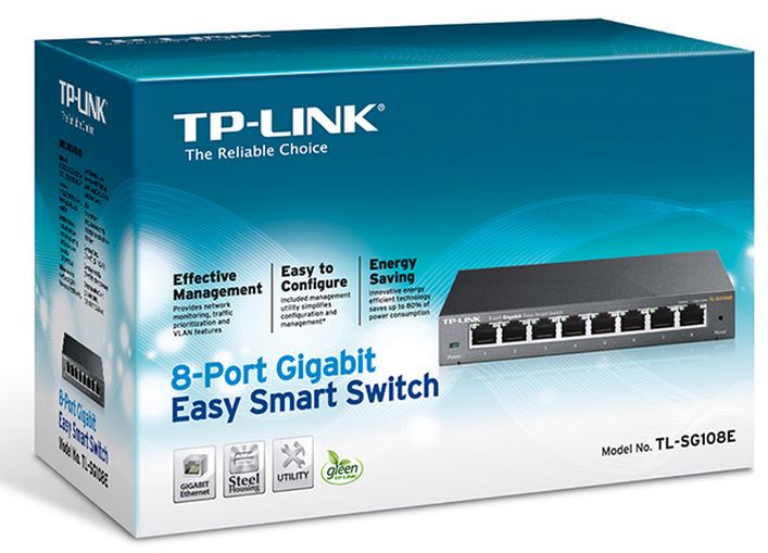 TP-Link TL-SG108E 8-Port Gigabit Easy Smart Switch Provides network monitoring, traffic prioritization and VLAN Web-based user interface Fanless