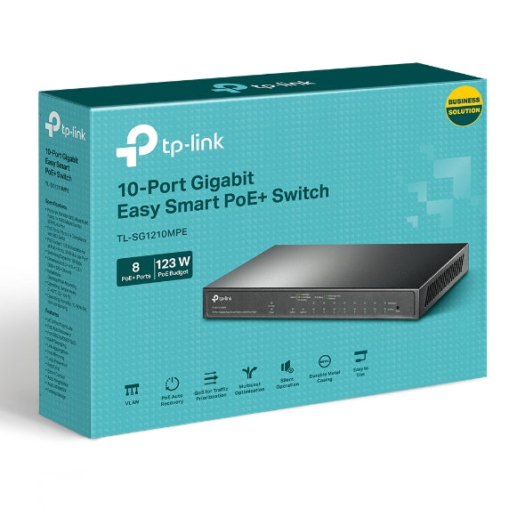 TP-Link TL-SG1210MPE 10-Port Gigabit Easy Smart Switch with 8-Port PoE+PORT: 8× Gigabit PoE+ Ports, 2x Gigabit Non-PoE Ports, 1× Combo Gigabit SFP S