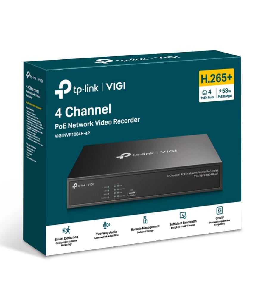 TP-Link VIGI NVR1004H-4P 4 Channel PoE+ Network Video Recorder, 24/7 Continuous Recording, 4K HDMI Video Output  16MP Decoding (HDD Not Included)