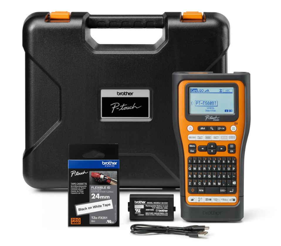 Brother PT-E560BTVP Industrial Handheld Label Printer  - 3 Year Warranty, included Carry case, Rechargeable Li-Ion battery,1xTZE-FX241 and USB-A Cable