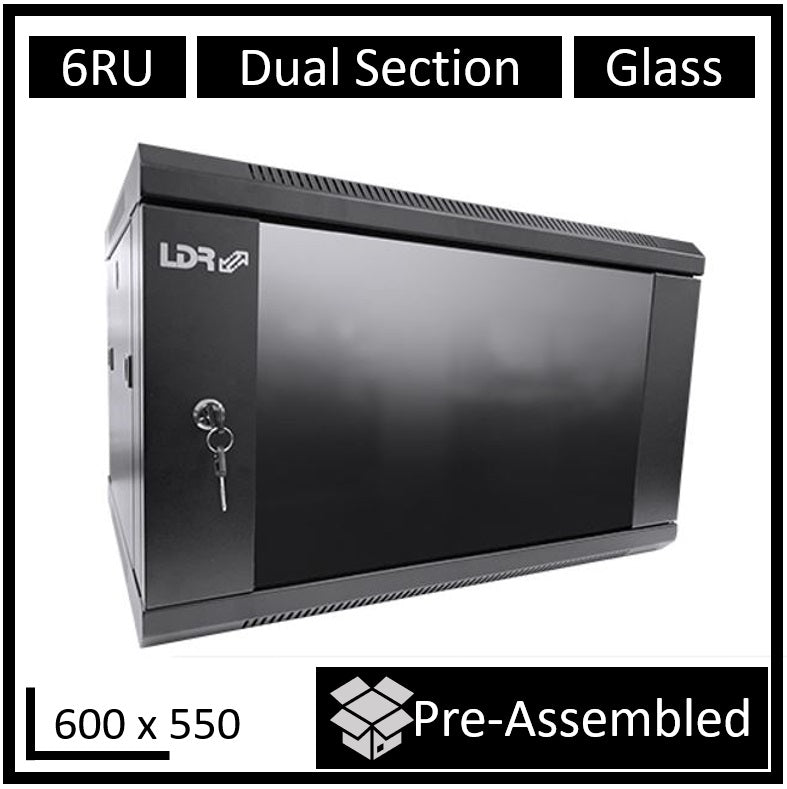 LDR Assembled 6U Hinged Wall Mount Cabinet (600mm x 550mm) Glass Door - Black Metal Construction - Top Fan Vents - Side Access Panels