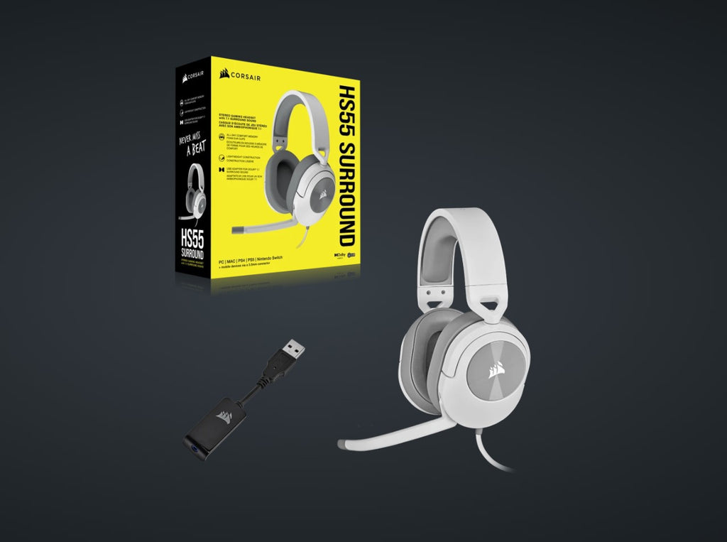 Corsair HS55 White 7.1 SURROUND Gaming Headset, PS5, Switch. ICUE, Discord Certified, Ultra Comfort Foam, USB