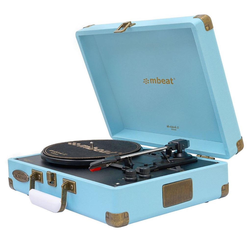 mbeat®  Woodstock 2 Sky Blue Retro Turntable Player with BT Receiver  Transmitter Built-in Bluetooth receiver eaturing 3 speed settings Weight: 3.2kg