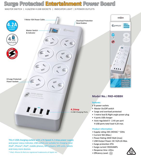 Sansai 8 Outlets  4 USB Outlets Surge Protected Powerboard Master On/Off switch 1M lead  Right angle plug 230-240VAC IV Retail box