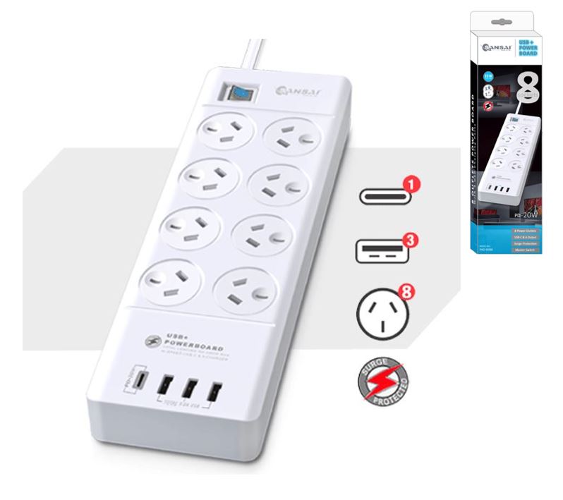 Sansai 8 Outlet 3*USB-A  1*USB-C Powerboard Master On/Off switch Surge and overload protected 1M 20W 220-240V 10A IV Retail box