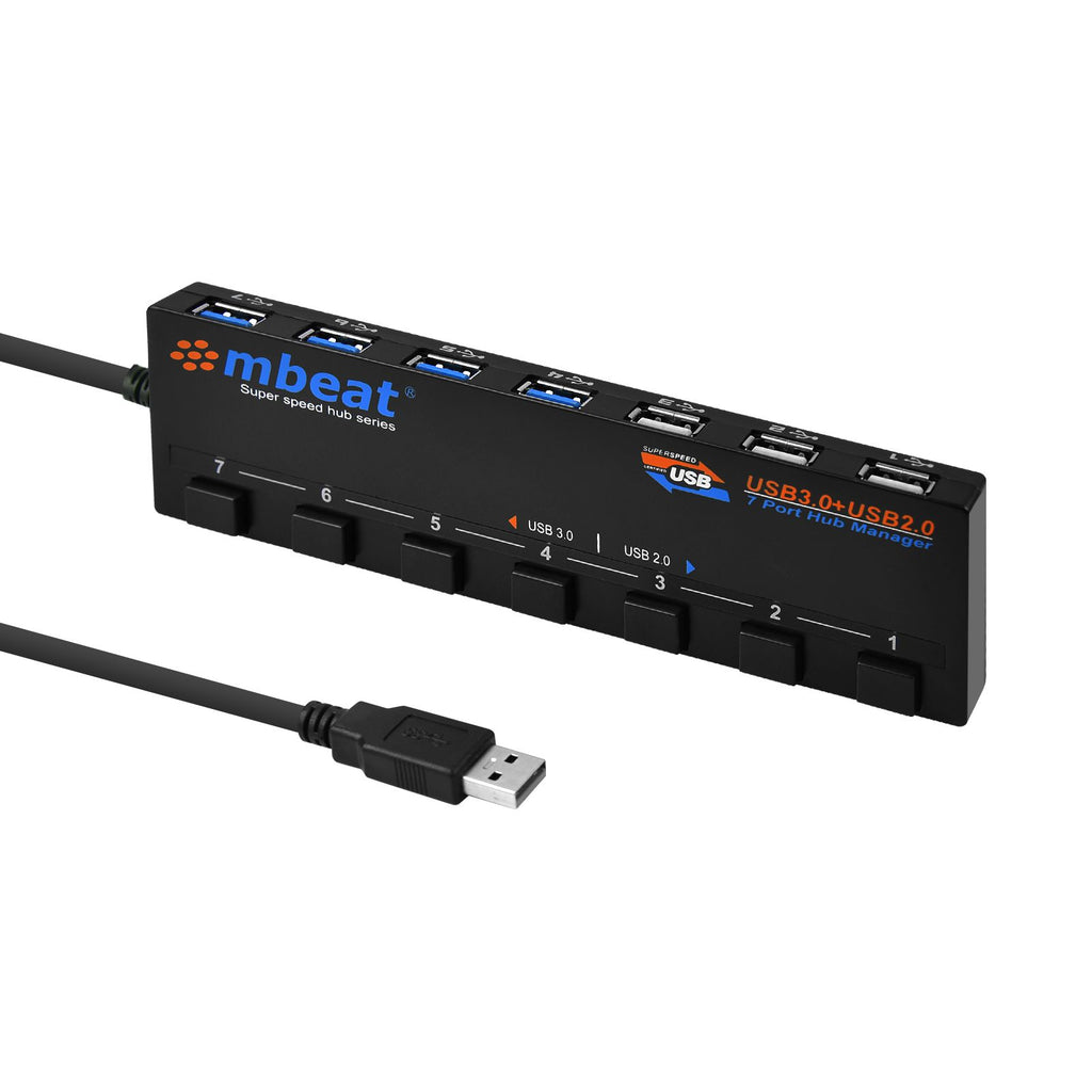 mbeat® 7-Port USB 3.0  USB 2.0 Powered Hub Manager with Switches - 4x USB 3.0 with 5Gbps/3x USB 2.0 with 2.4Ghz(480Mbps)/Super Fast Hub Weight: 129g