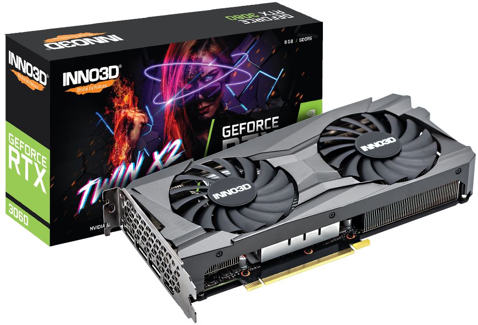 INNO3D nVidia GeForce RTX 3060 TWIN X2 8GB GDDR6 GPU, 1777MHz Boost Clock, 3xDP, 1xHDMI, LHR, 240x120mm x 2-slot