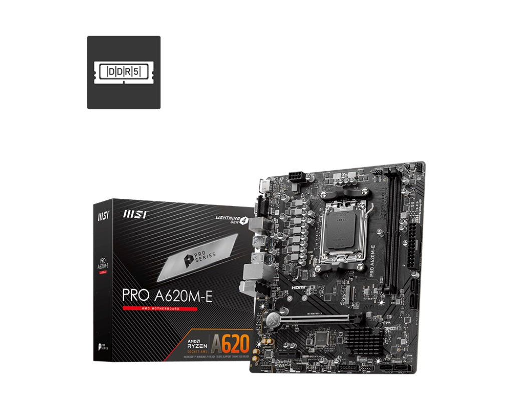 MSI PRO A620M-E AM4 mATX MB 2xDDR5 1xPCIE 16 1 PCI-E 1 1xM.2 4xSATA 4xUSB 3.2 2xUSB 2.0